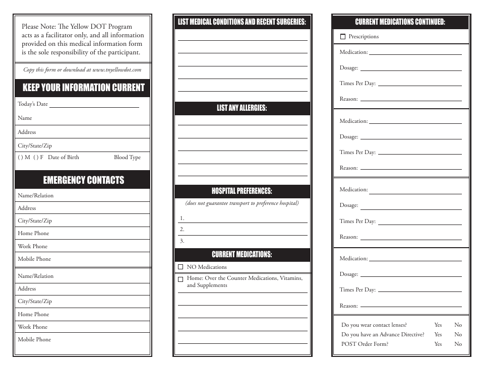 Tennessee Emergency Medical Information Form Yellow Dot Program