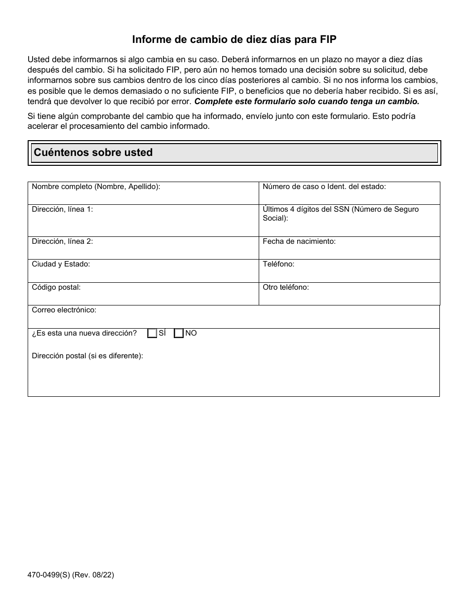 Formulario 470-0499(S) Informe De Cambio De Diez Dias Para Fip - Iowa (Spanish), Page 1