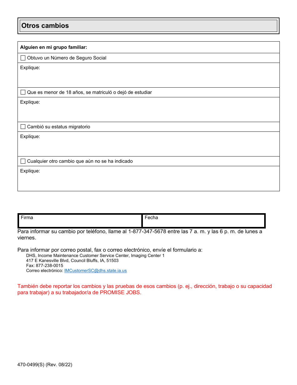 Formulario 470-0499(S) Informe De Cambio De Diez Dias Para Fip - Iowa (Spanish), Page 6