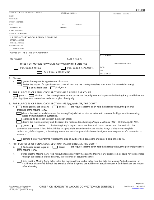 Form CR-188 Order on Motion to Vacate Conviction or Sentence - California