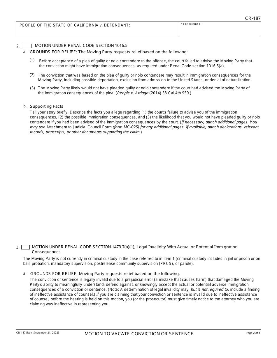 Form CR-187 Download Fillable PDF or Fill Online Motion to Vacate ...