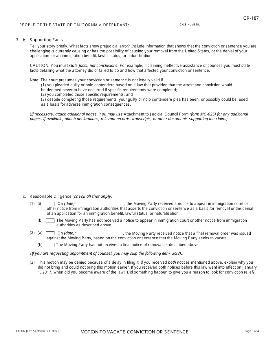 Form CR-187 Motion to Vacate Conviction or Sentence - California, Page 3