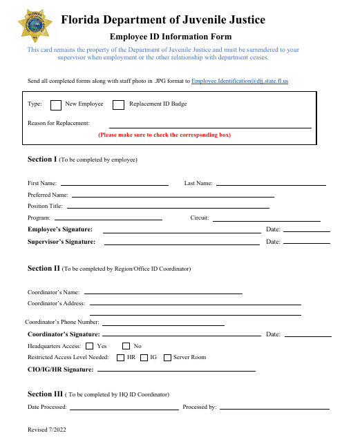 Employee Id Information Form - Florida
