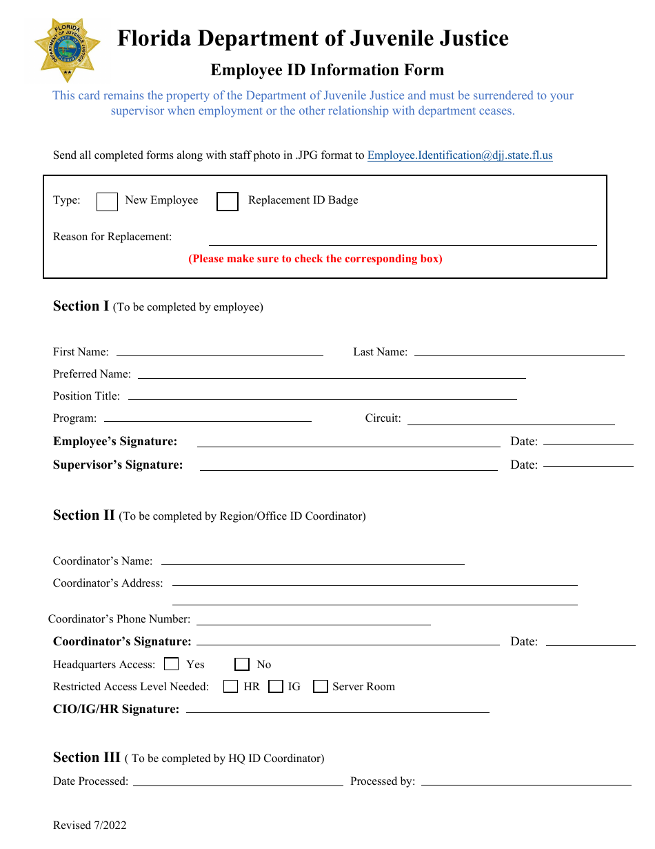 Employee Id Information Form - Florida, Page 1