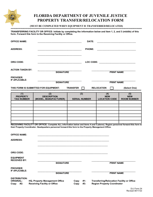 DJJ Form 24 Property Transfer/Relocation Form - Florida