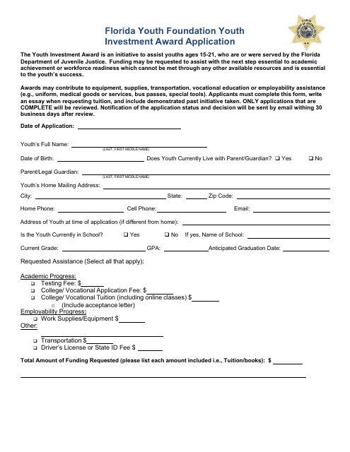Florida Youth Foundation Youth Investment Award Application - Florida Download Pdf