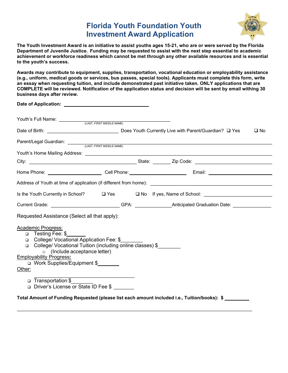 Florida Youth Foundation Youth Investment Award Application - Florida, Page 1