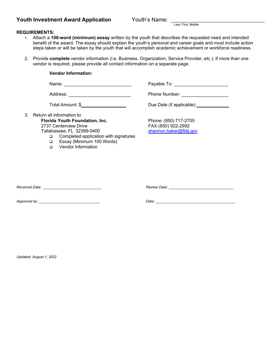 Florida Youth Foundation Youth Investment Award Application - Florida, Page 3