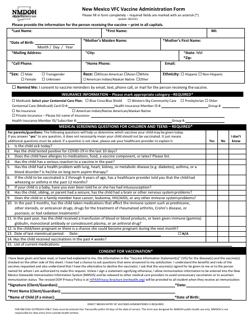 New Mexico Vfc Vaccine Administration Form - New Mexico Download Pdf