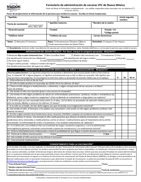 Formulario De Administracion De Vacunas Vfc De Nuevo Mexico - New Mexico (Spanish) Download Pdf