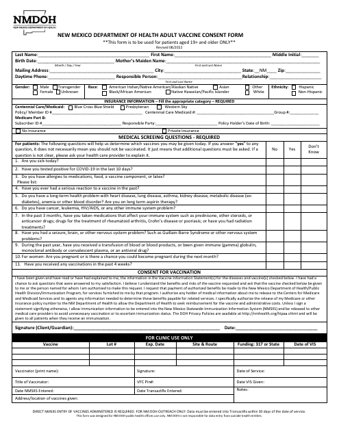 Adult Vaccine Consent Form - New Mexico Download Pdf