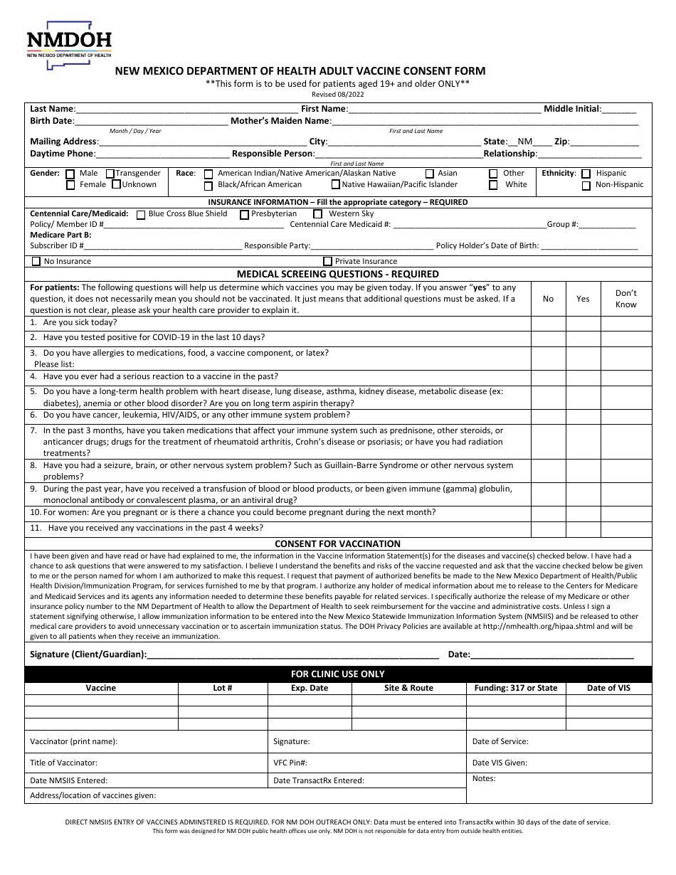 Adult Vaccine Consent Form - New Mexico, Page 1