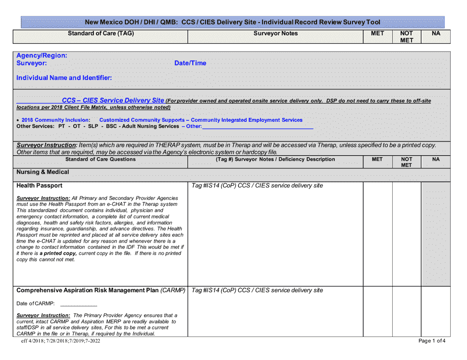 New Mexico Doh / Dhi / Qmb: Ccs / Cies Delivery Site - Individual Record Review Survey Tool - New Mexico, Page 1