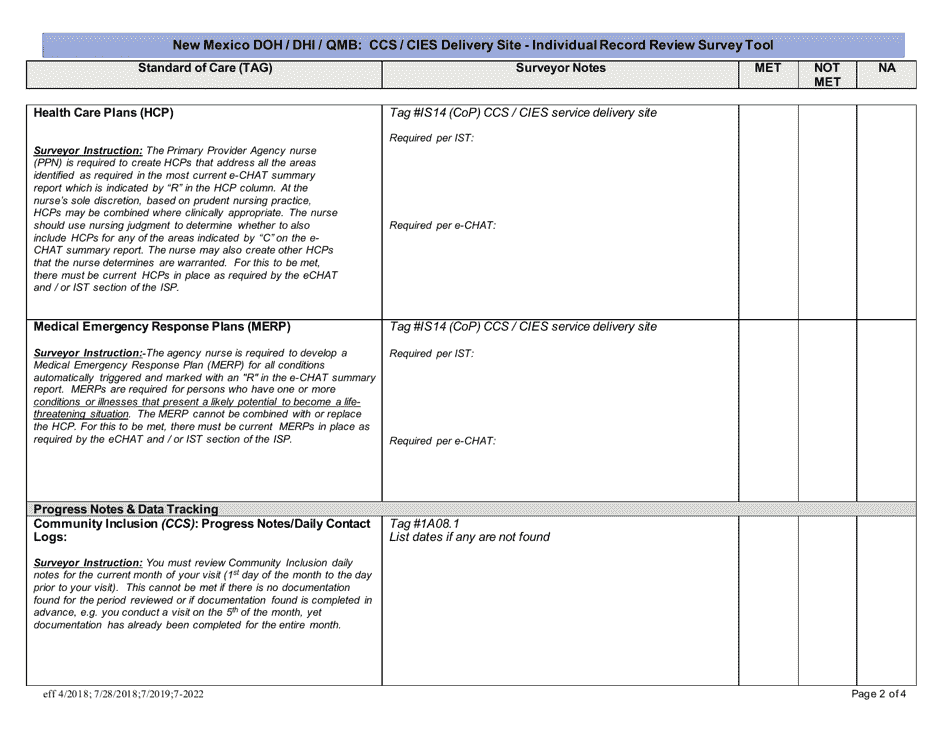 New Mexico Doh / Dhi / Qmb: Ccs / Cies Delivery Site - Individual Record Review Survey Tool - New Mexico, Page 2