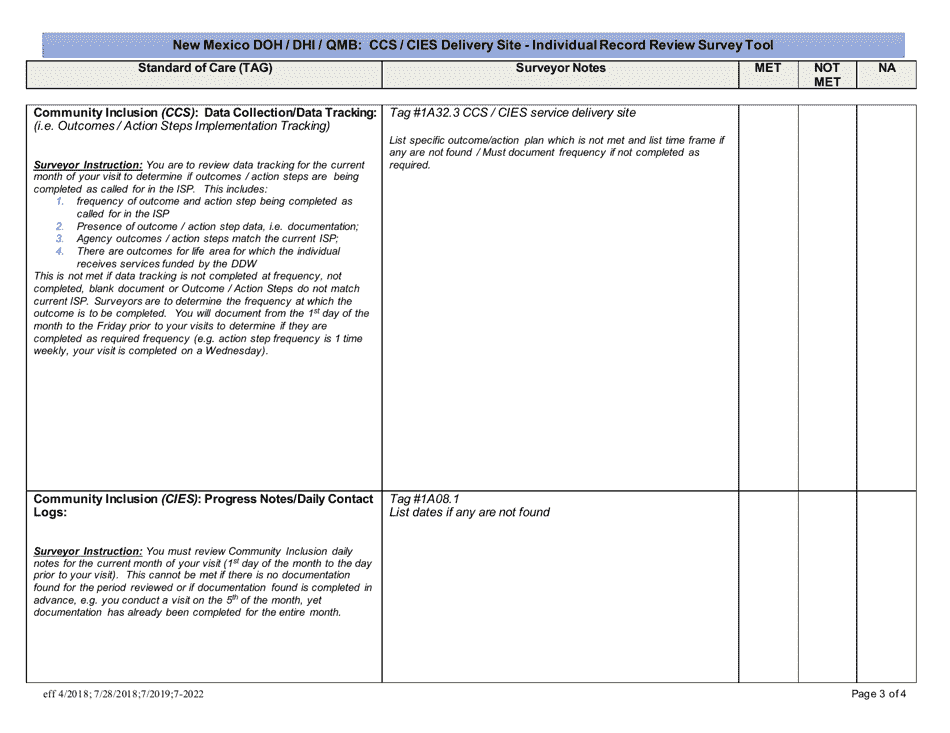 New Mexico Doh / Dhi / Qmb: Ccs / Cies Delivery Site - Individual Record Review Survey Tool - New Mexico, Page 3
