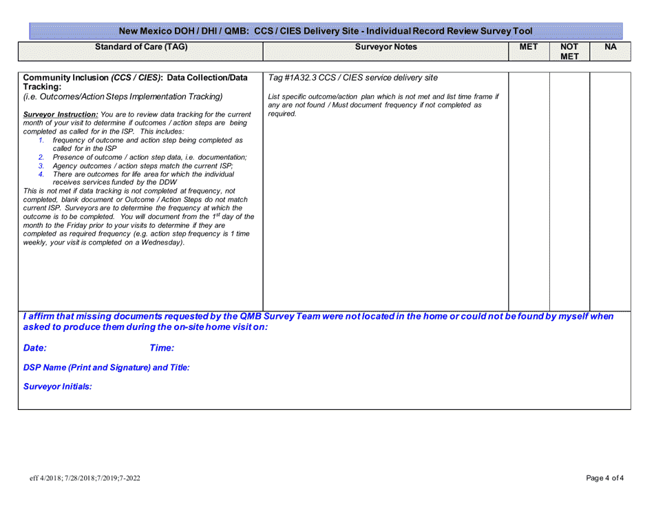 New Mexico Doh / Dhi / Qmb: Ccs / Cies Delivery Site - Individual Record Review Survey Tool - New Mexico, Page 4
