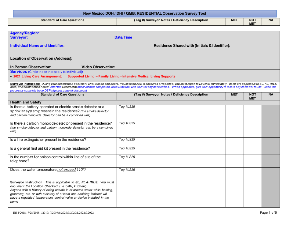 New Mexico New Mexico Doh/Dhi/Qmb: Residential Observation Survey Tool ...