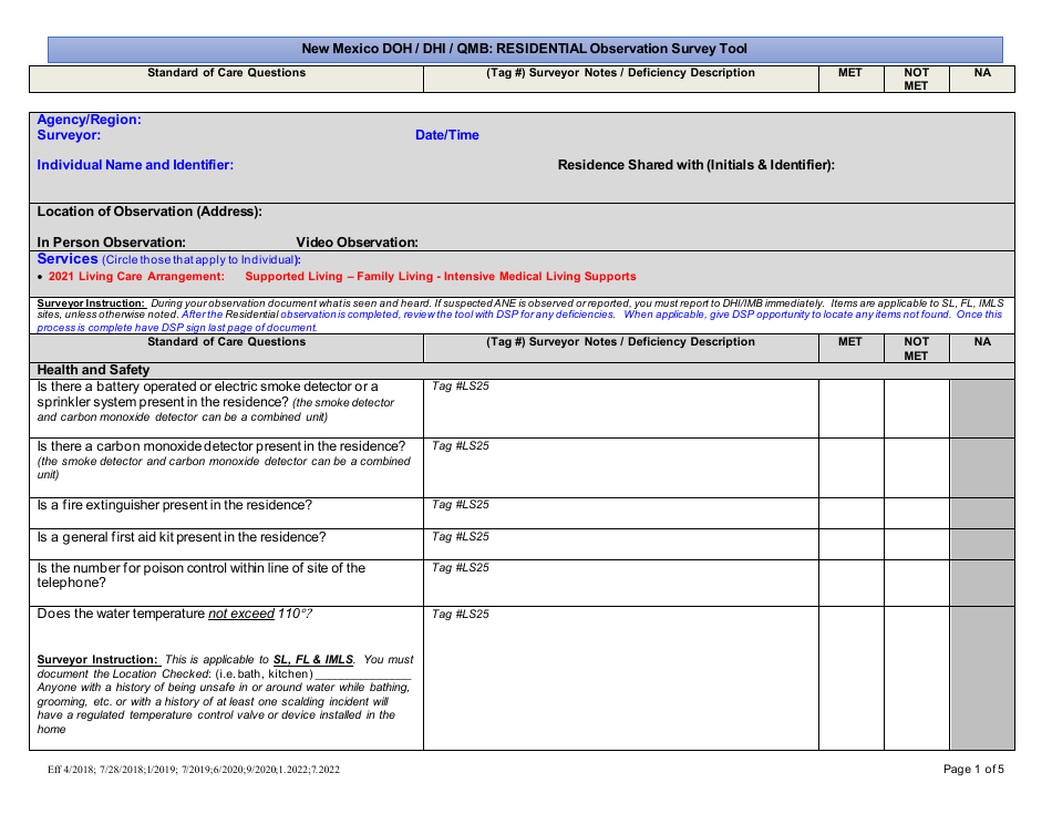 New Mexico Doh / Dhi / Qmb: Residential Observation Survey Tool - New Mexico, Page 1
