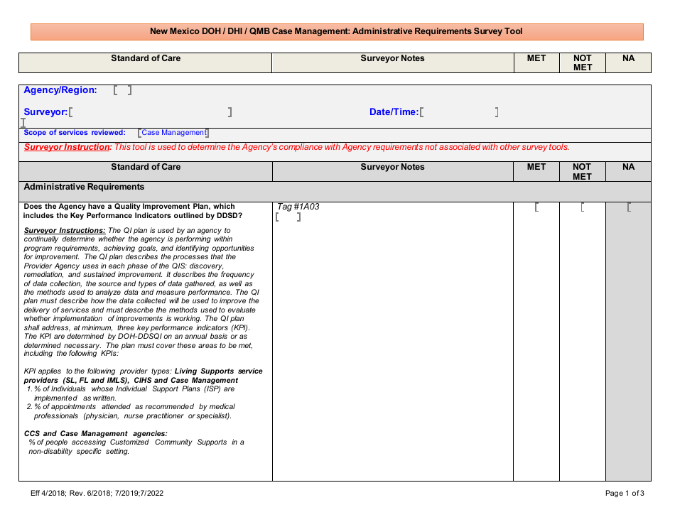 New Mexico Doh / Dhi / Qmb Case Management: Administrative Requirements Survey Tool - New Mexico, Page 1