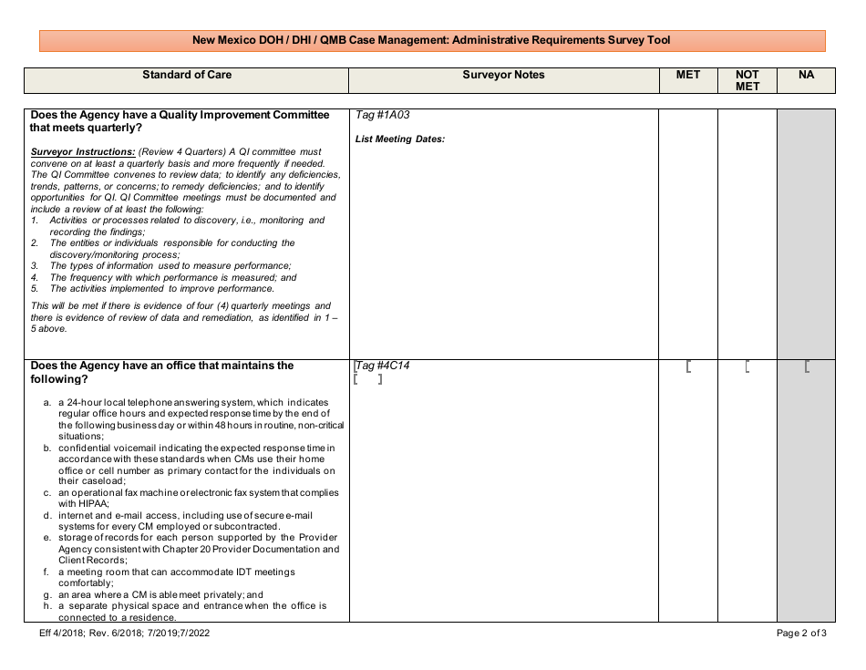 New Mexico Doh / Dhi / Qmb Case Management: Administrative Requirements Survey Tool - New Mexico, Page 2