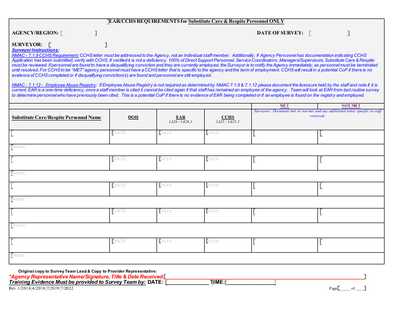 Ear / Cchs Requirements for Substitute Care & Respite Personnel Only - New Mexico Download Pdf