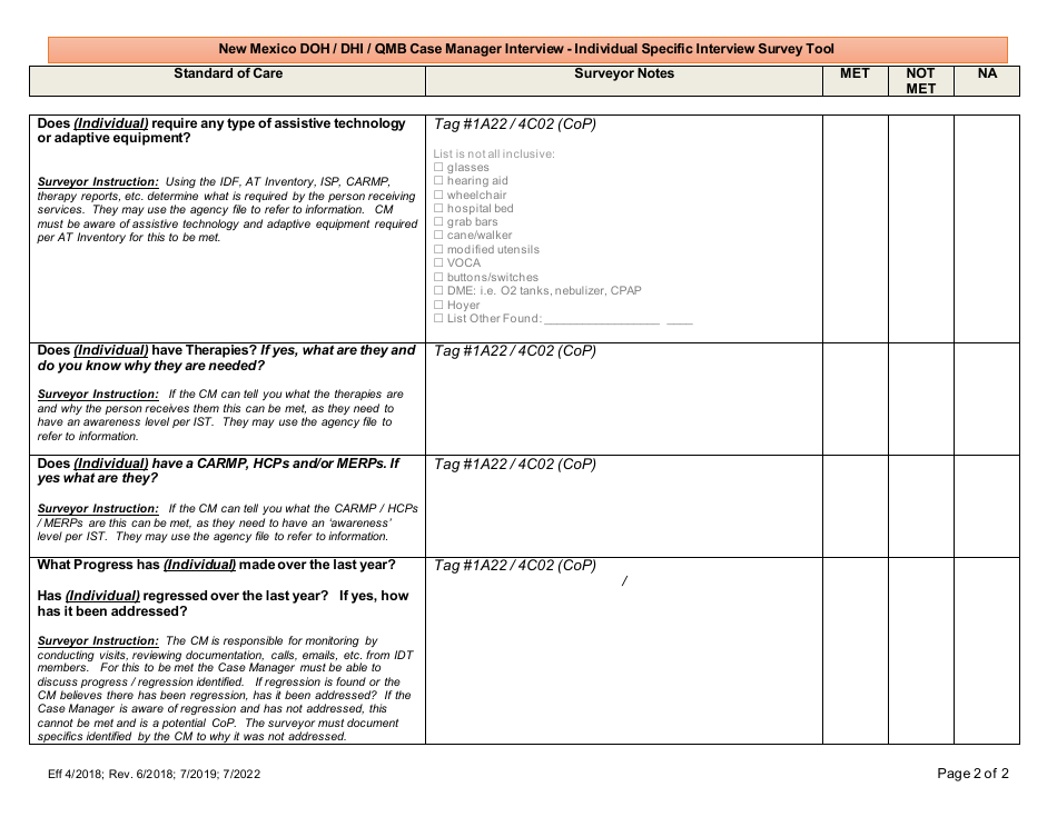 New Mexico Doh / Dhi / Qmb Case Manager Interview - Individual Specific Interview Survey Tool - New Mexico, Page 2