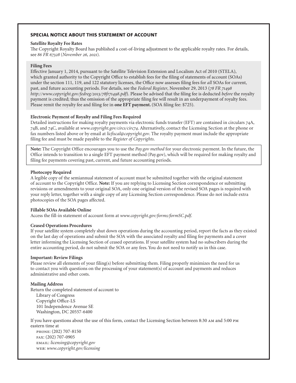 Form SC Statement of Account for Secondary Transmissions by Satellite Carriers of Distant Television Signals, Page 1