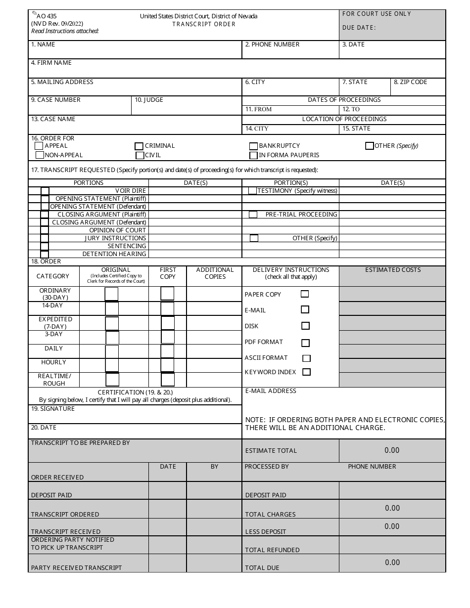 Form AO435 Download Fillable PDF or Fill Online Transcript Order Nevada ...