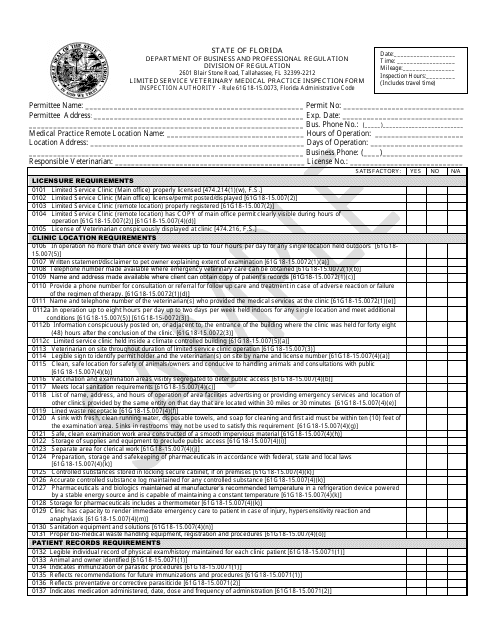 Form DBPR/REG8000-416 Limited Service Veterinary Medical Practice Inspection Form - Sample - Florida