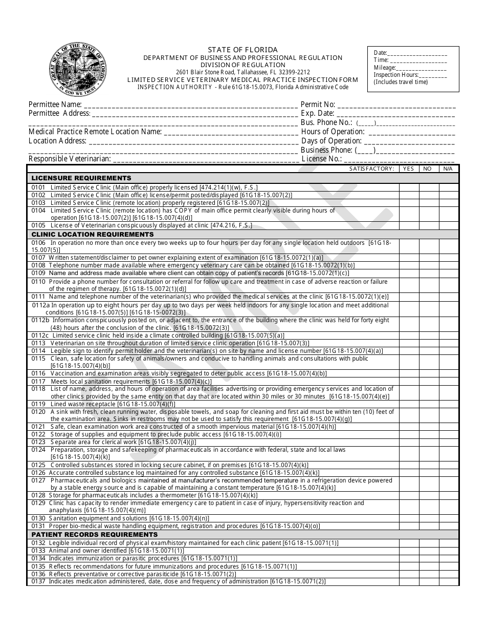 Form DBPR / REG8000-416 Limited Service Veterinary Medical Practice Inspection Form - Sample - Florida, Page 1