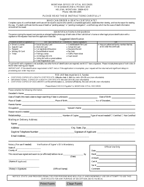 Death Certificate Application - Montana Download Pdf