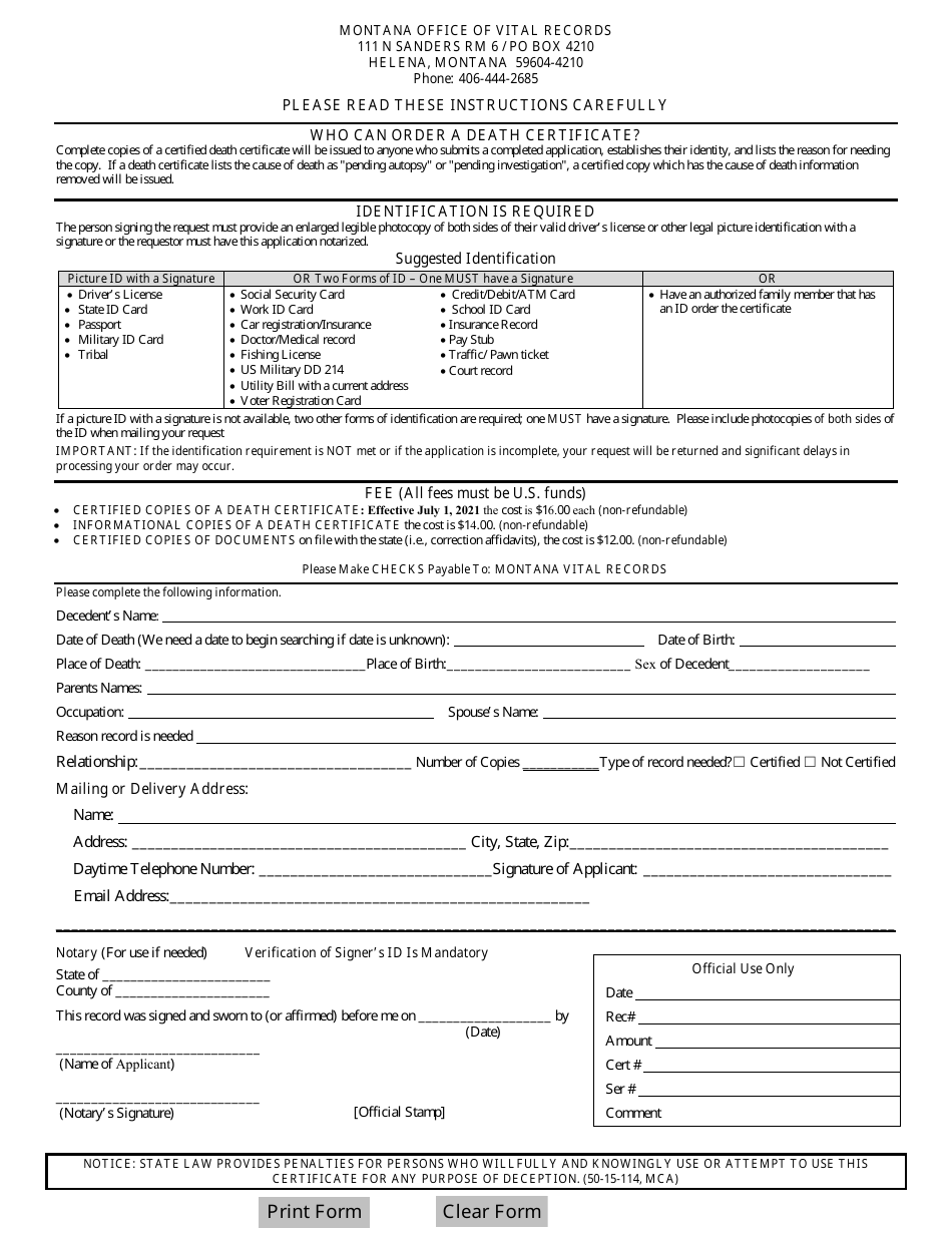 Death Certificate Application - Montana, Page 1