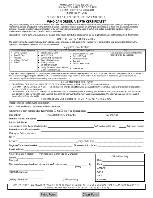 Birth Certificate Application - Montana
