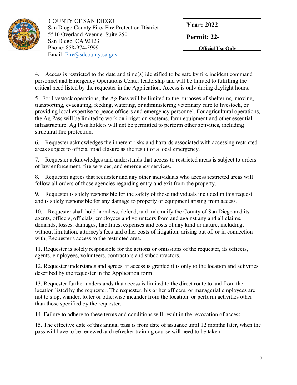 Livestock / Agricultural Pass Application - County of San Diego, California, Page 5