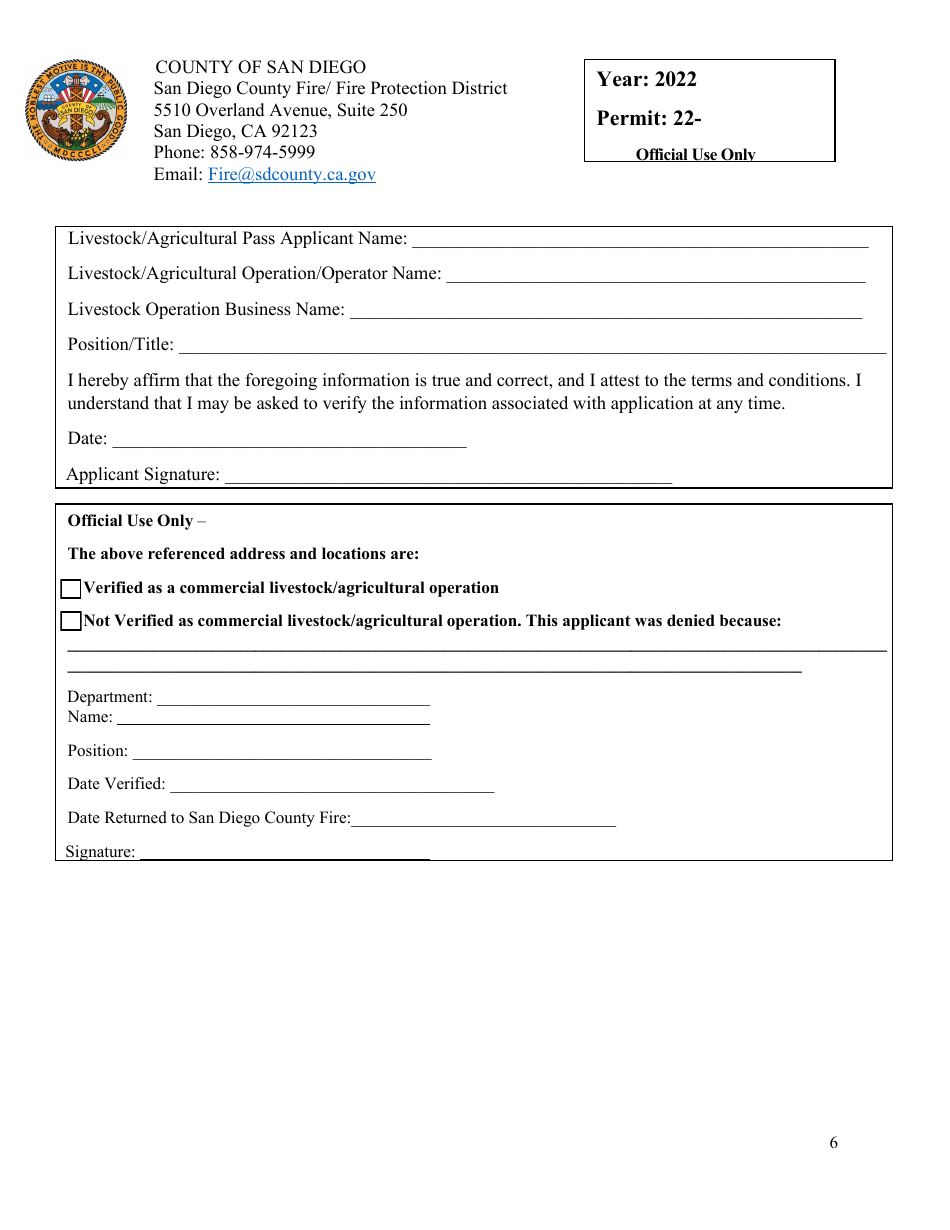 Livestock / Agricultural Pass Application - County of San Diego, California, Page 6