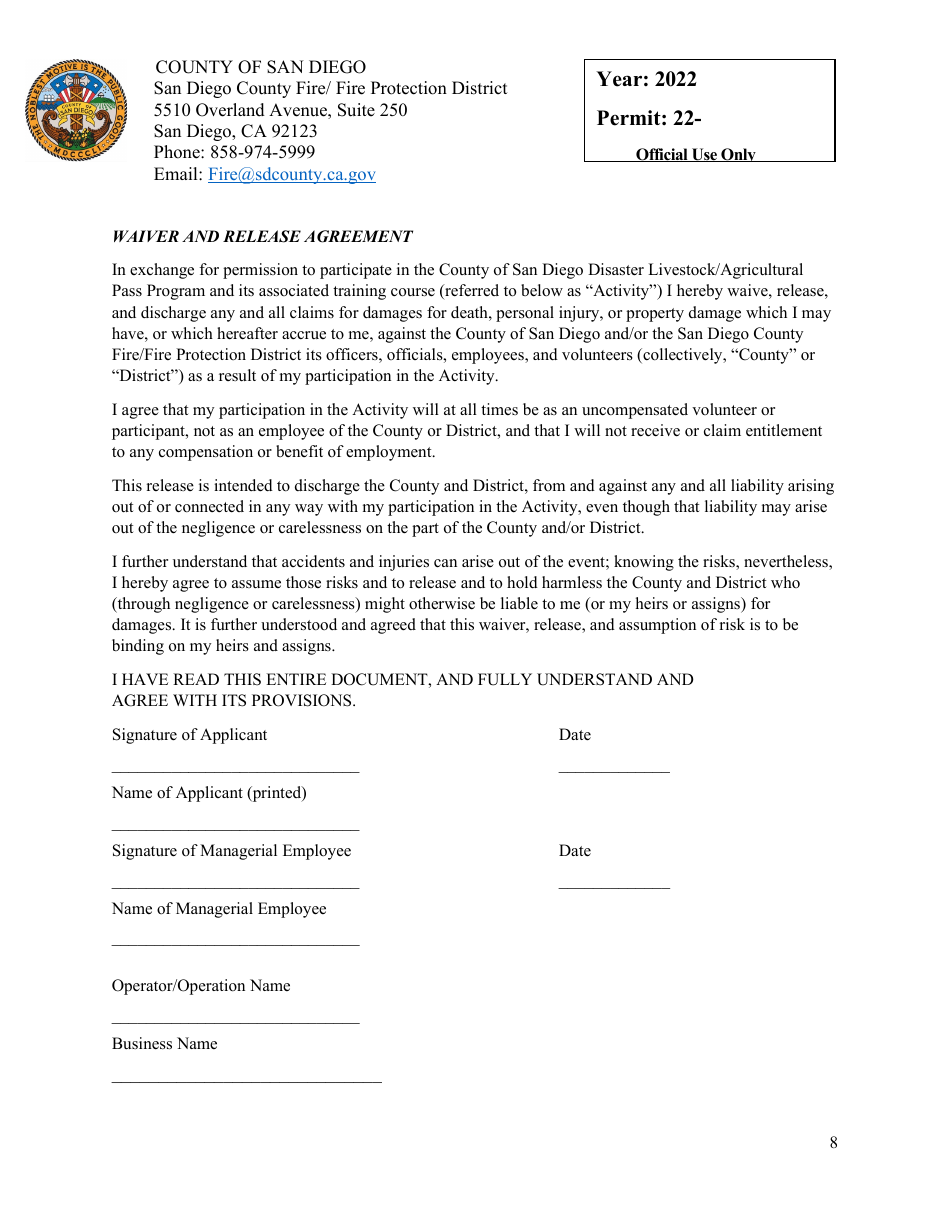 Livestock / Agricultural Pass Application - County of San Diego, California, Page 8