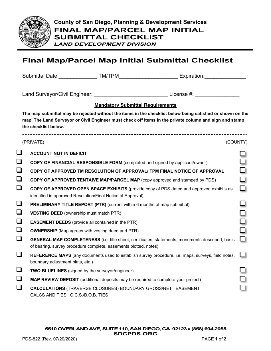 Form PDS-822 Final Map / Parcel Map Initial Submittal Checklist - County of San Diego, California, Page 1
