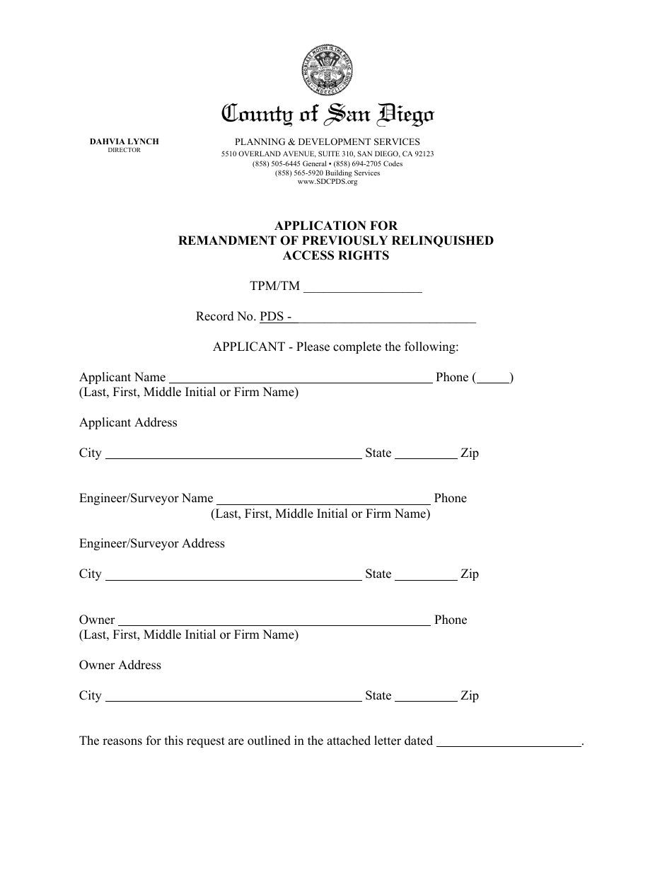 Application for Remandment of Previously Relinquished Access Rights - County of San Diego, California, Page 1