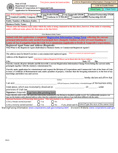 Application for Reinstatement - Utah Download Pdf