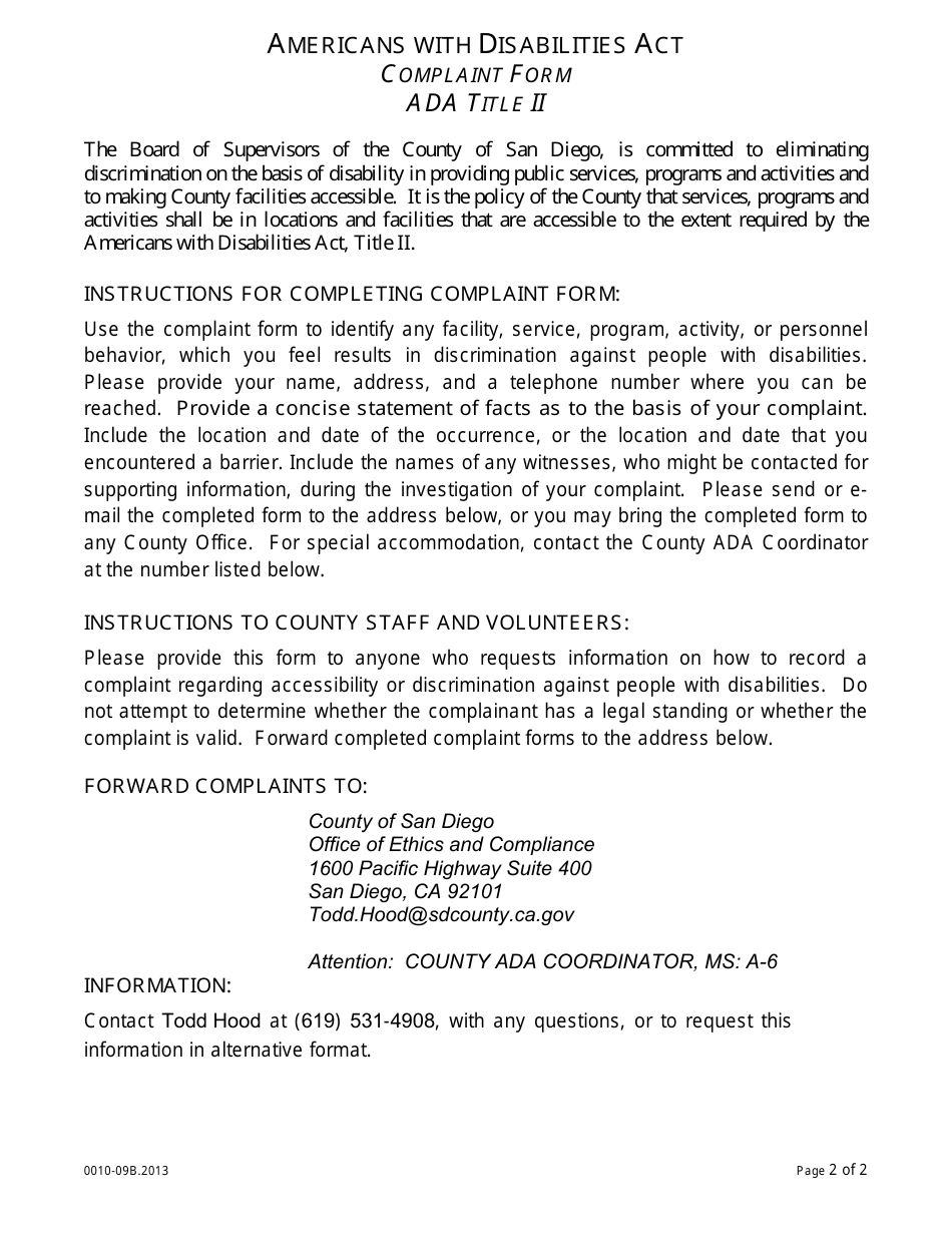 Form 0010-09B Americans With Disabilities Act Complaint Form - Ada Title Ii - County of San Diego, California, Page 1