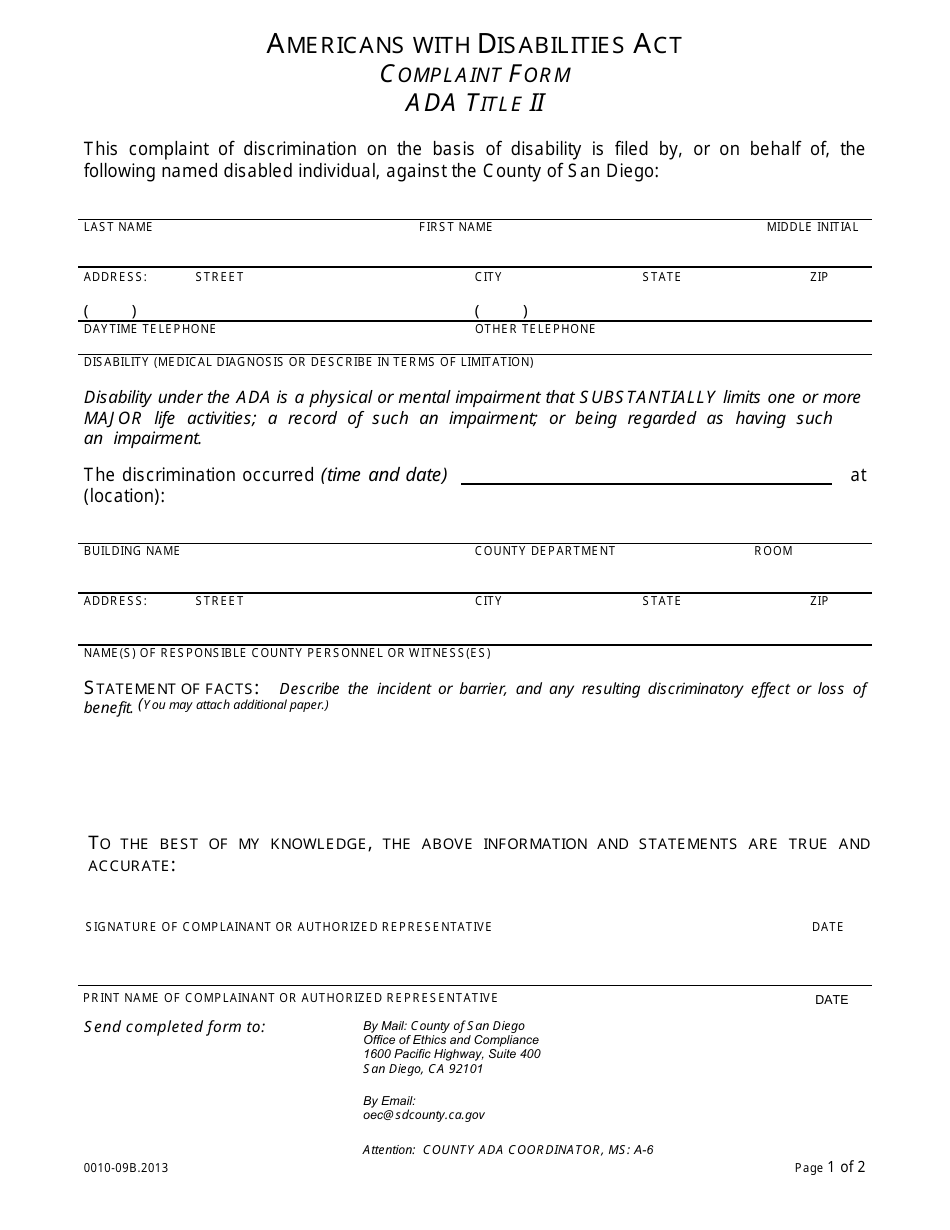 Form 0010-09B Americans With Disabilities Act Complaint Form - Ada Title Ii - County of San Diego, California, Page 2