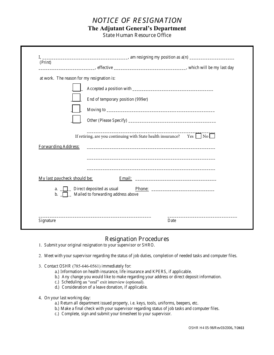 Form OSHR H4 Notice of Resignation - Kansas, Page 1