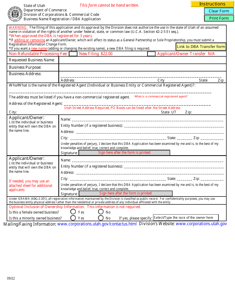 Business Name Registration / Dba Application - Utah, Page 1