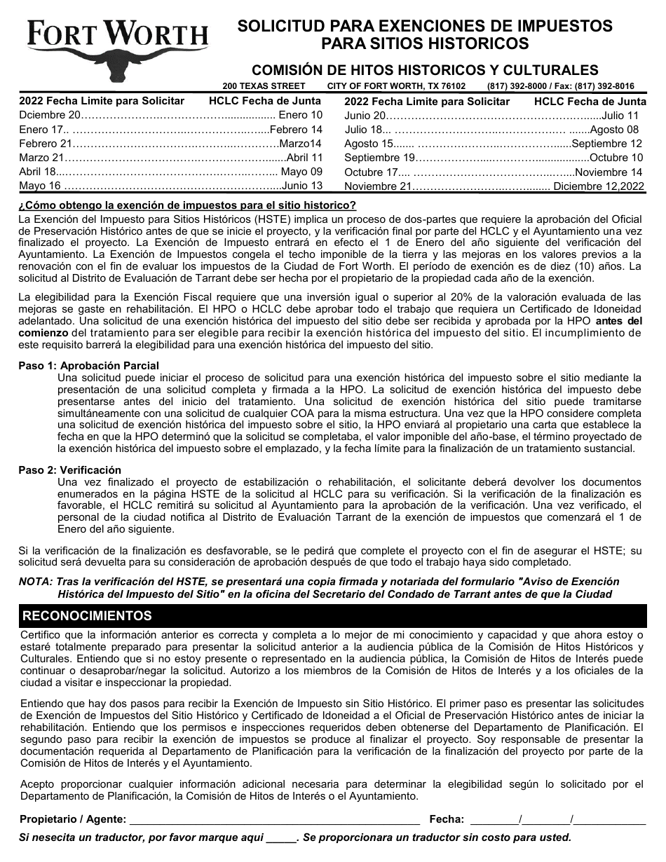 Solicitud Para Exenciones De Impuestos Para Sitios Historicos - City of Fort Worth, Texas (Spanish), Page 1