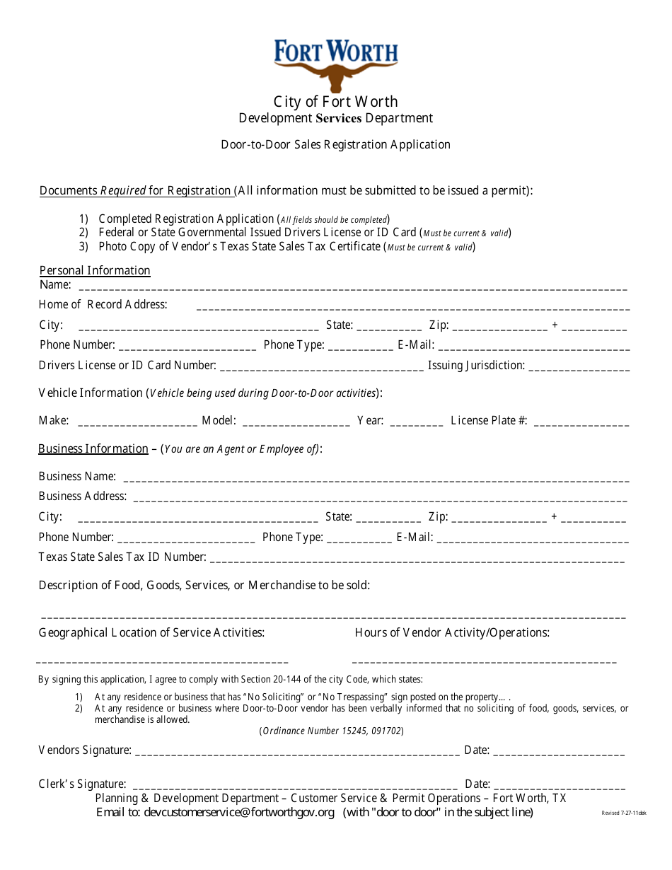 City of Fort Worth, Texas DoorToDoor Sales Registration Application