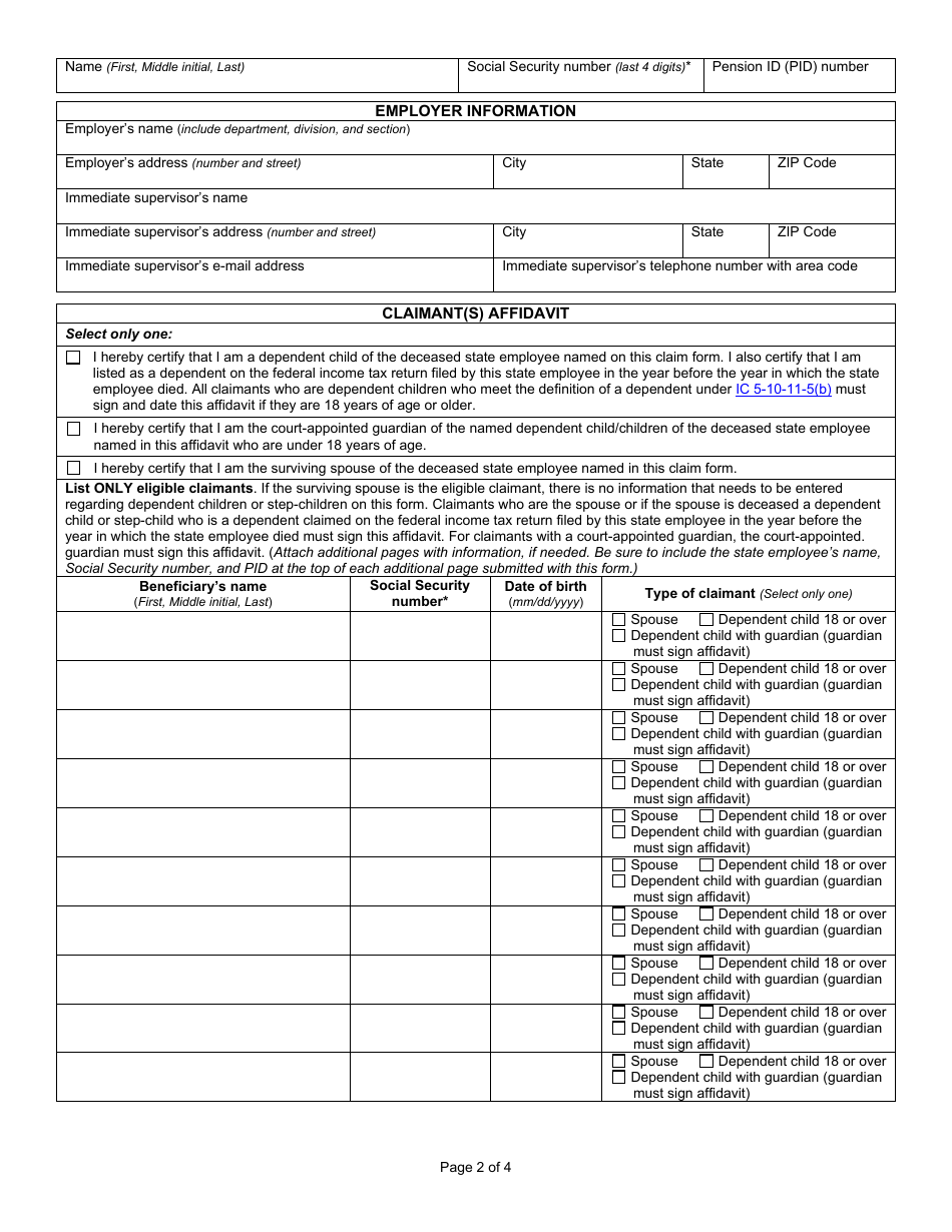 State Form 55761 Claim for State Employee Line of Duty Death Benefit for a Spouse, or Dependent Child as Beneficiary - Indiana, Page 2
