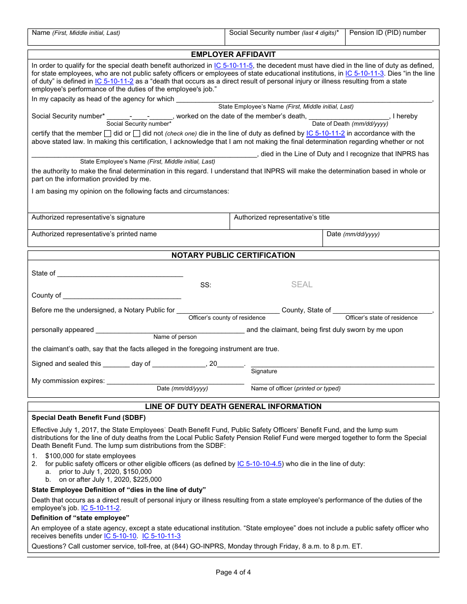 State Form 55761 Claim for State Employee Line of Duty Death Benefit for a Spouse, or Dependent Child as Beneficiary - Indiana, Page 4
