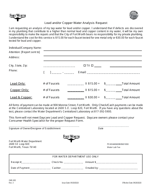 Form OMS-005 Lead and/or Copper Water Analysis Request - City of Fort Worth, Texas