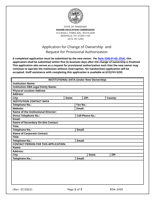 Form RDA2459 Application for Change of Ownership and Request for Provisional Authorization - Tennessee