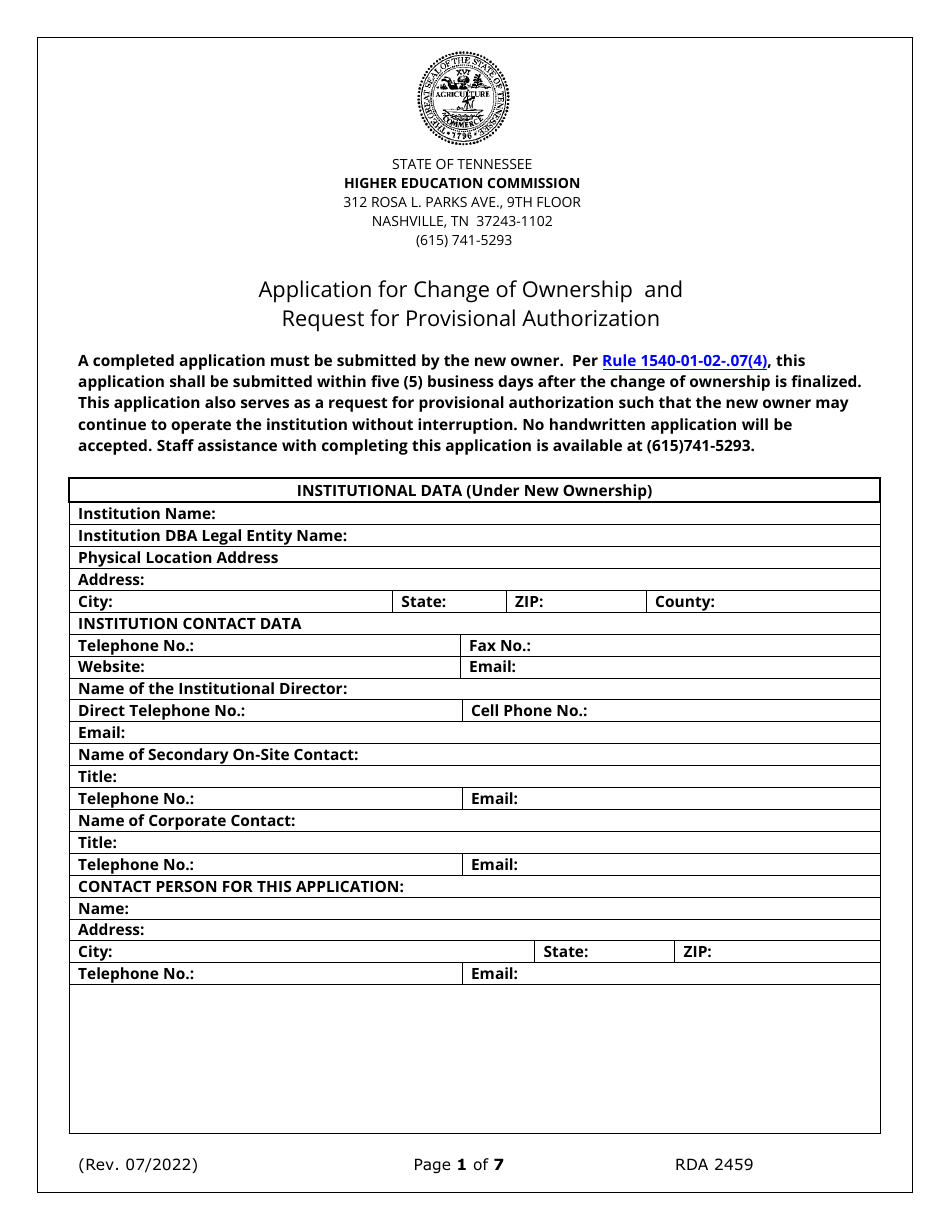 Form RDA2459 Application for Change of Ownership and Request for Provisional Authorization - Tennessee, Page 1